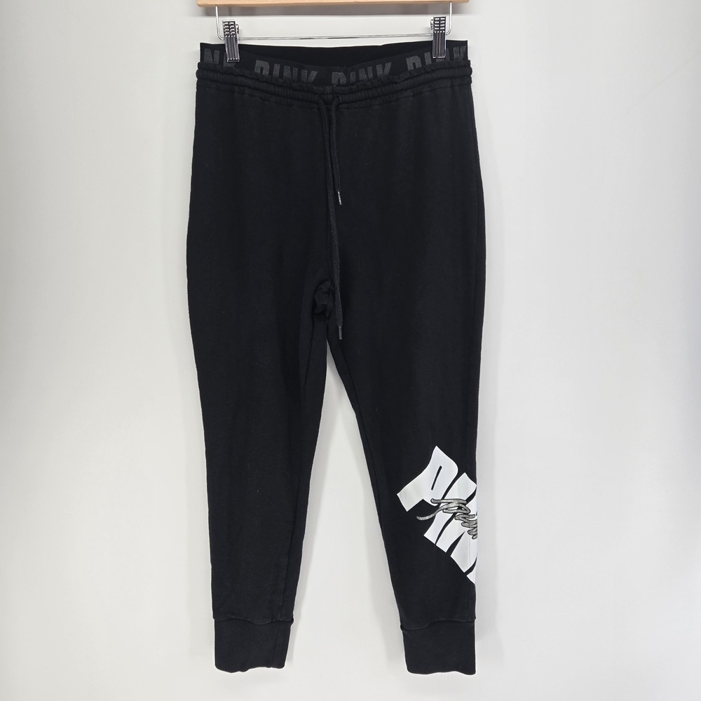 Pink Victoria's Secret Joggers Women Medium Black Logo Graphic Sweatpants M y2k